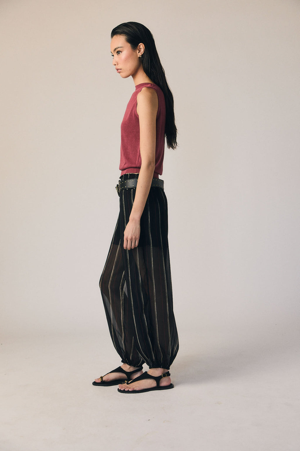 Pantalón bombacho gasa rayas negro