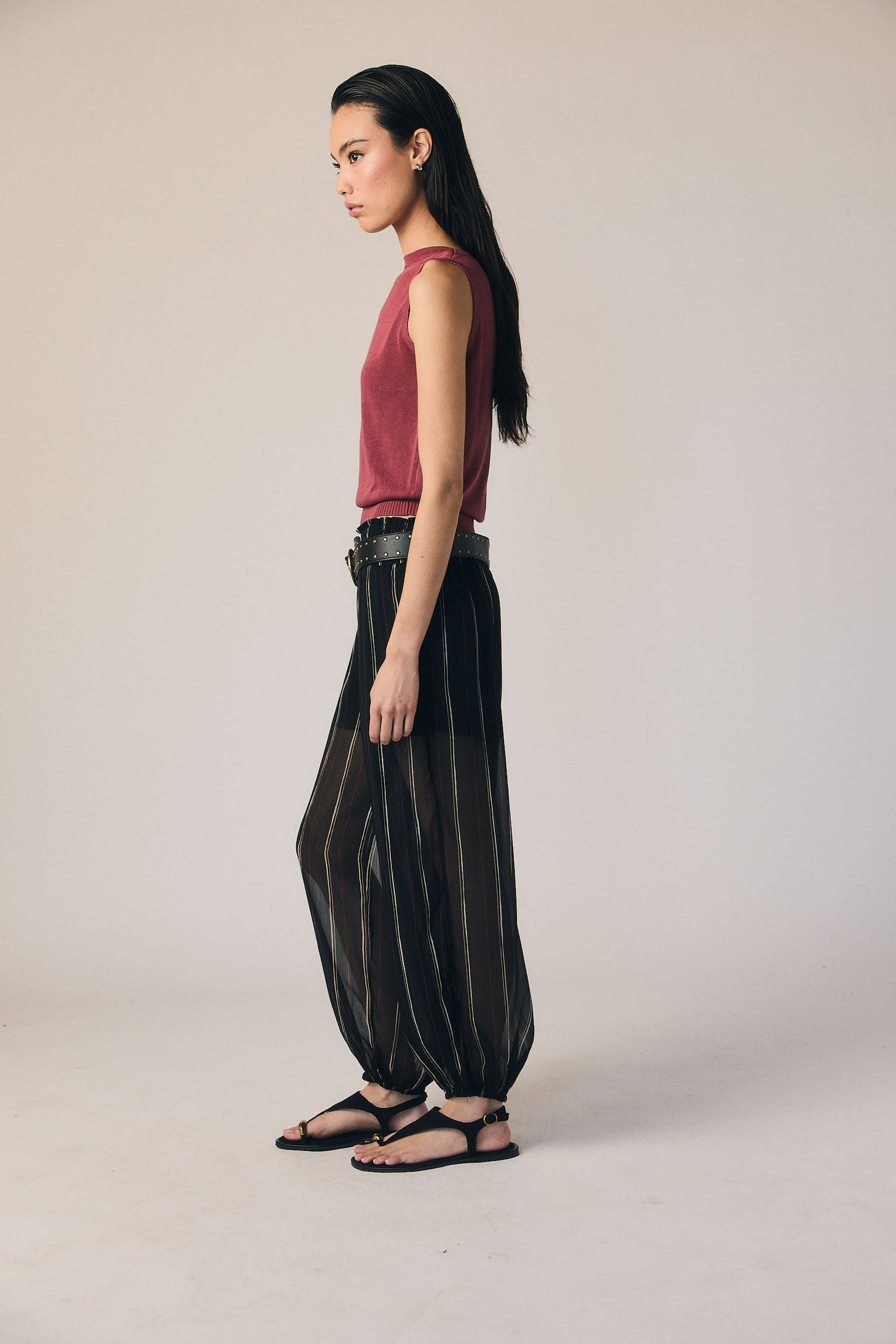 Pantalón bombacho gasa rayas negro