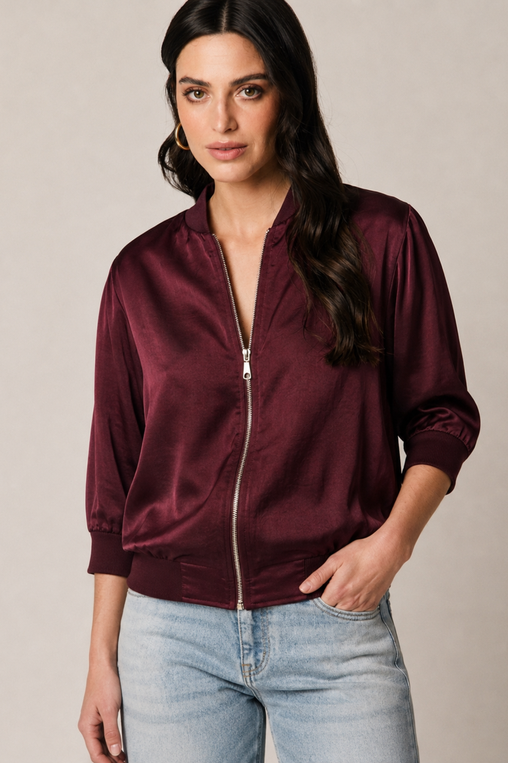 Bomber manga tres cuartos berenjena