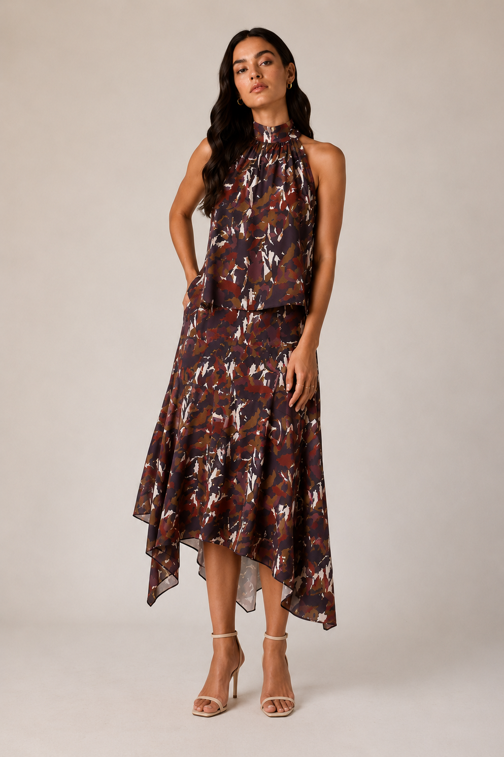 Falda midi gasa estampada berenjena