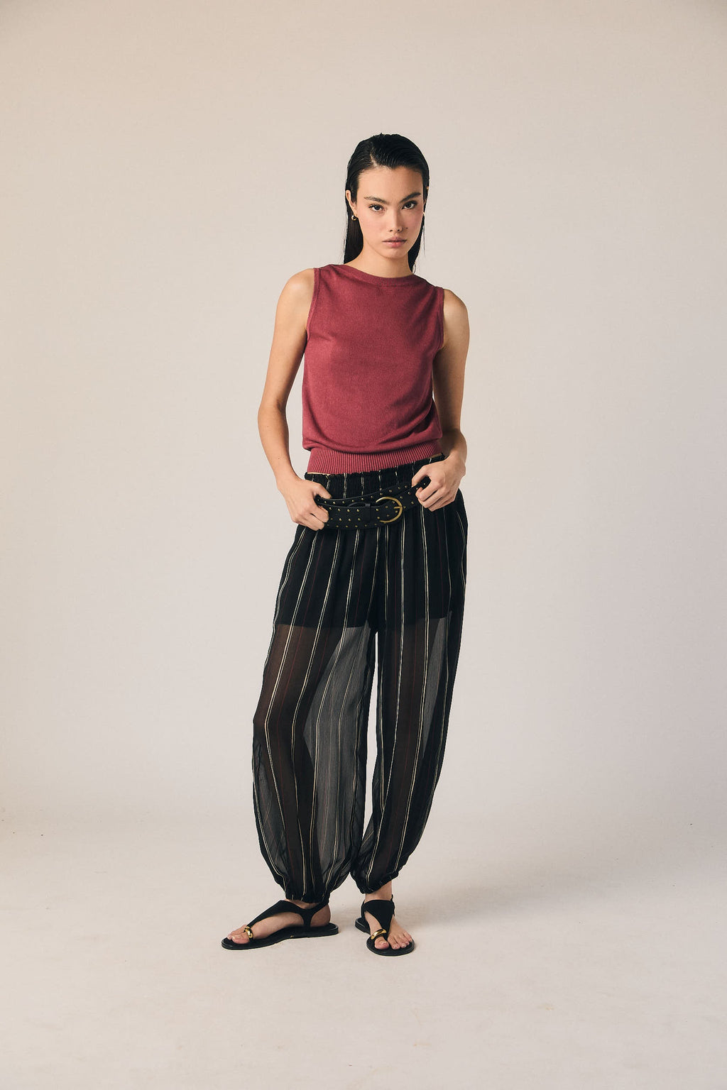 Pantalón bombacho gasa rayas negro