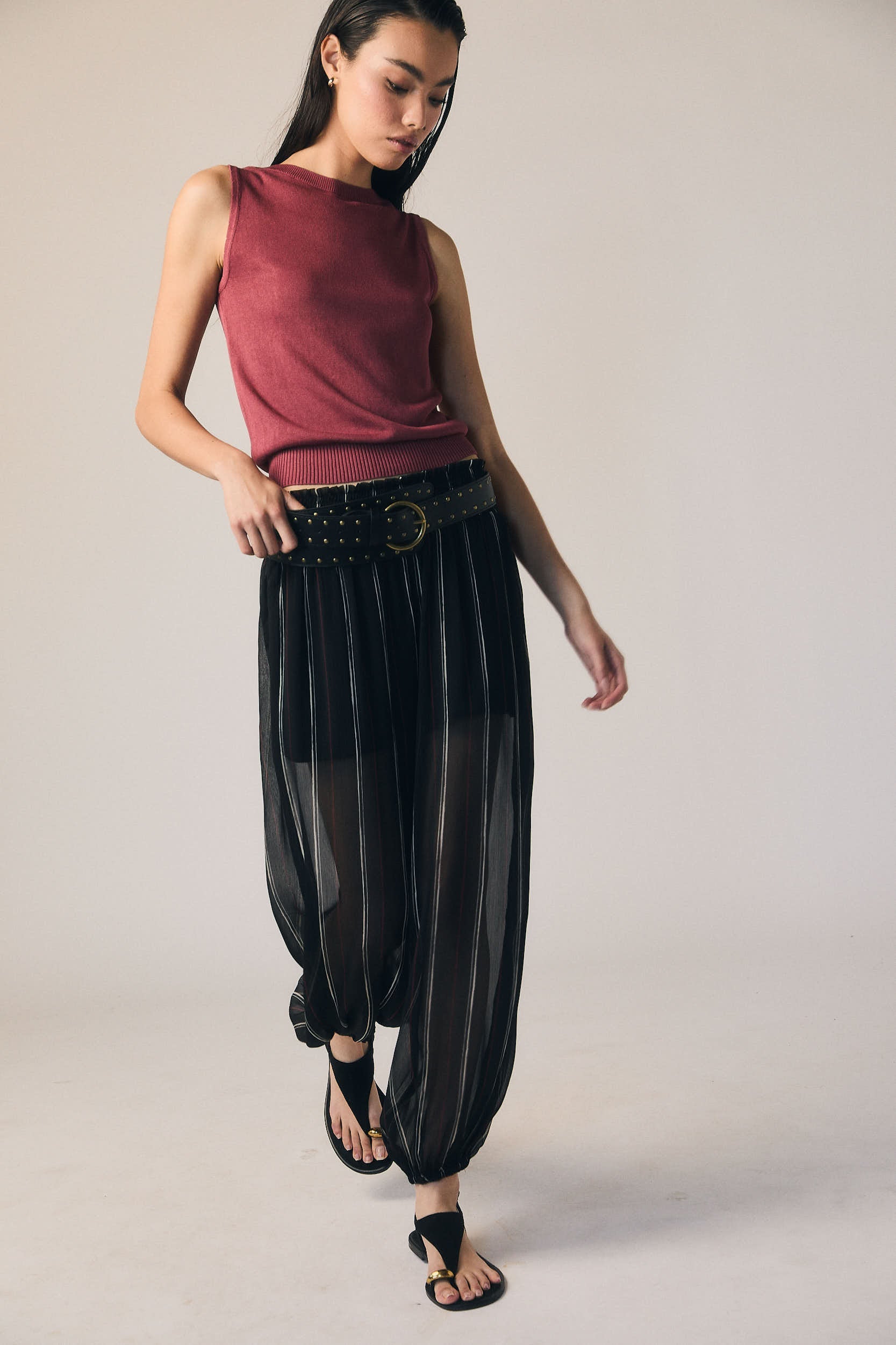 Pantalón bombacho gasa rayas negro